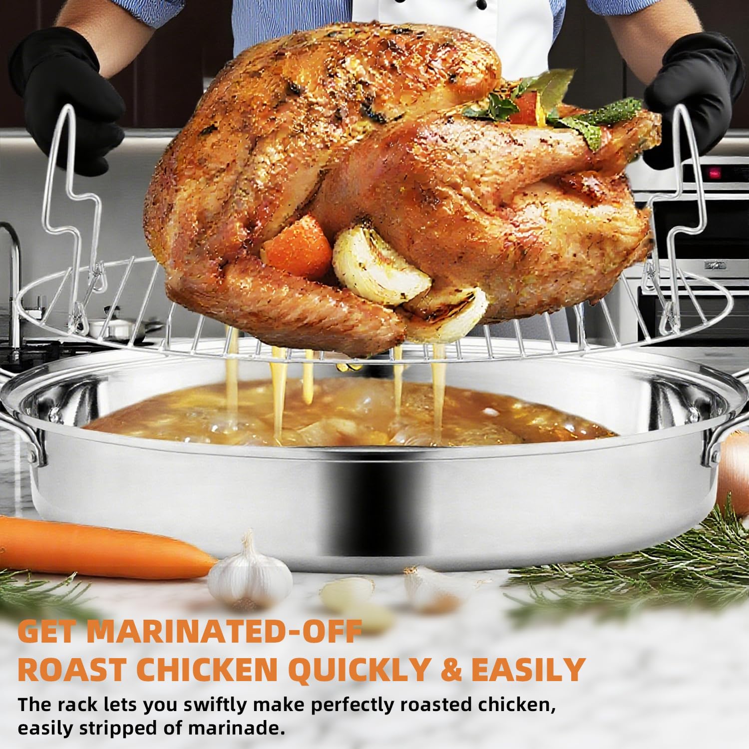 RIDGEPOLE roaster with rack elevates meat for uniform browning.