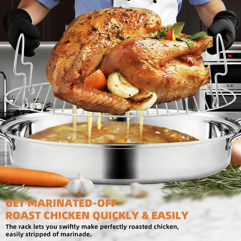 RIDGEPOLE roaster with rack elevates meat for uniform browning.