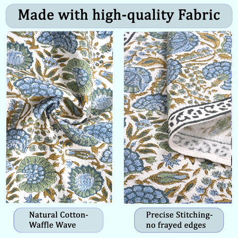 Ridhi asparagus green hand-block print pattern conveys artisanal charm.