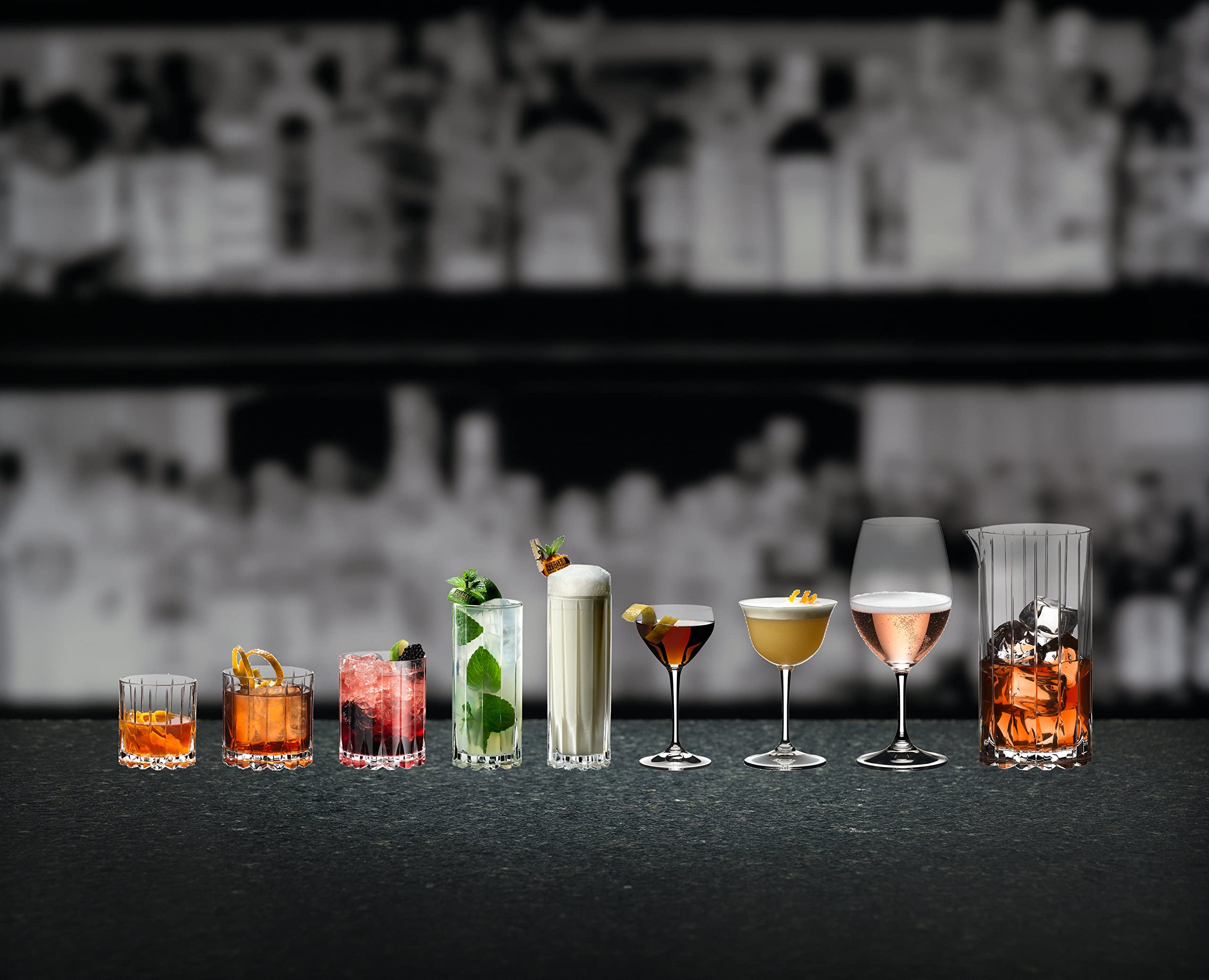 Riedel barware close-up showing tall highball and sturdy rocks glass