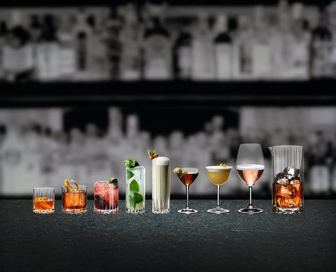 Riedel barware close-up showing tall highball and sturdy rocks glass
