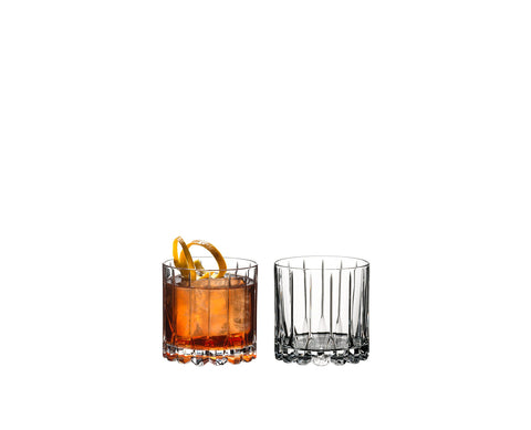 Riedel rocks glass holds standard and large ice cubes for versatile cocktails.