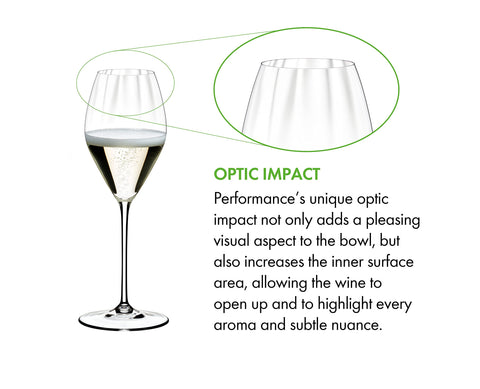 Riedel Performance egg-shaped bowl champagne glass enhances aroma release for tasting.