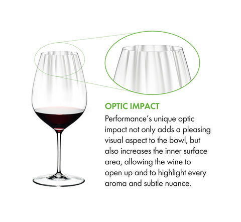 Riedel Performance glass bowl with light optic design for visual depth and aroma interaction.
