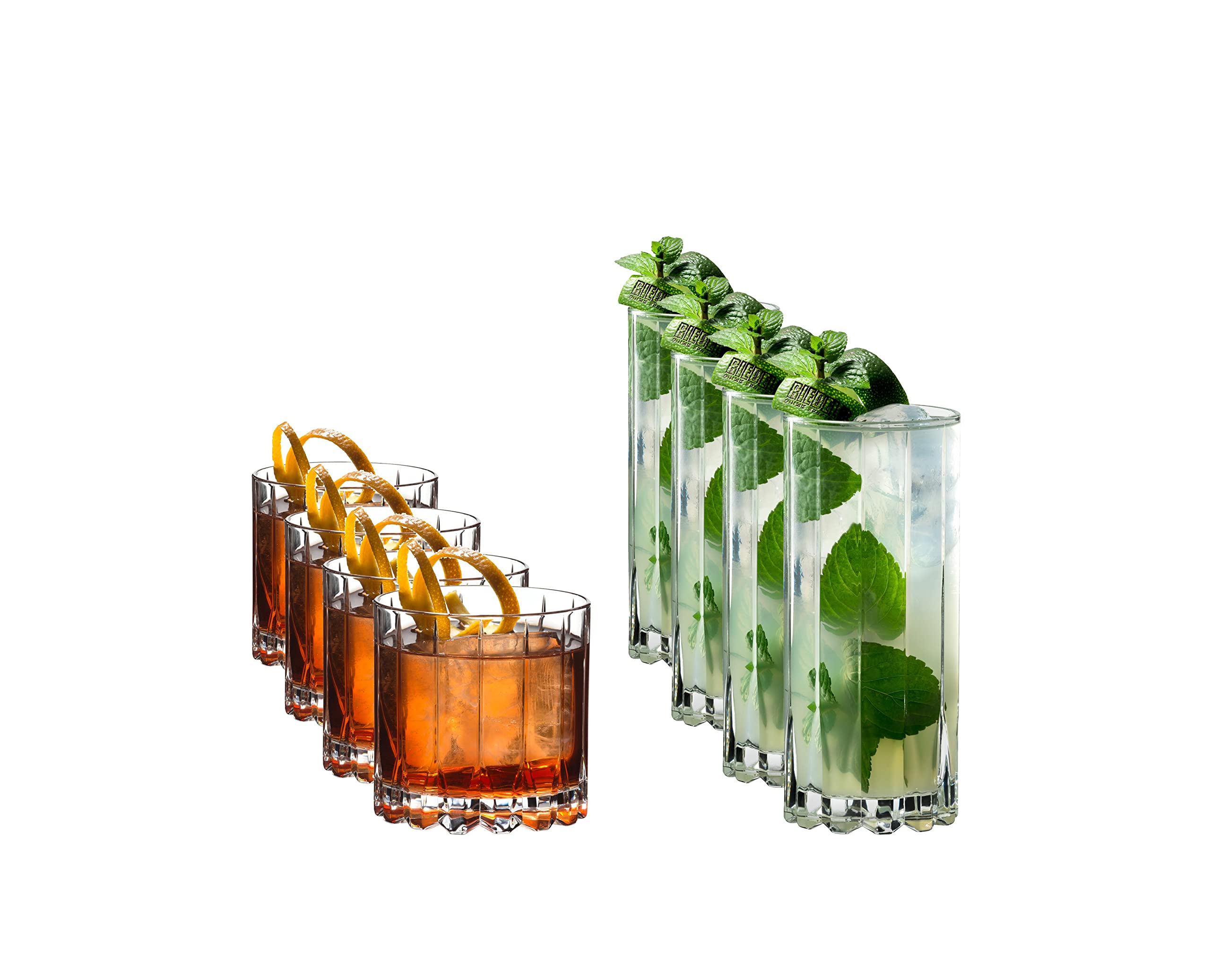 Riedel rocks glass with large-format ice, ideal for spirits on the rocks