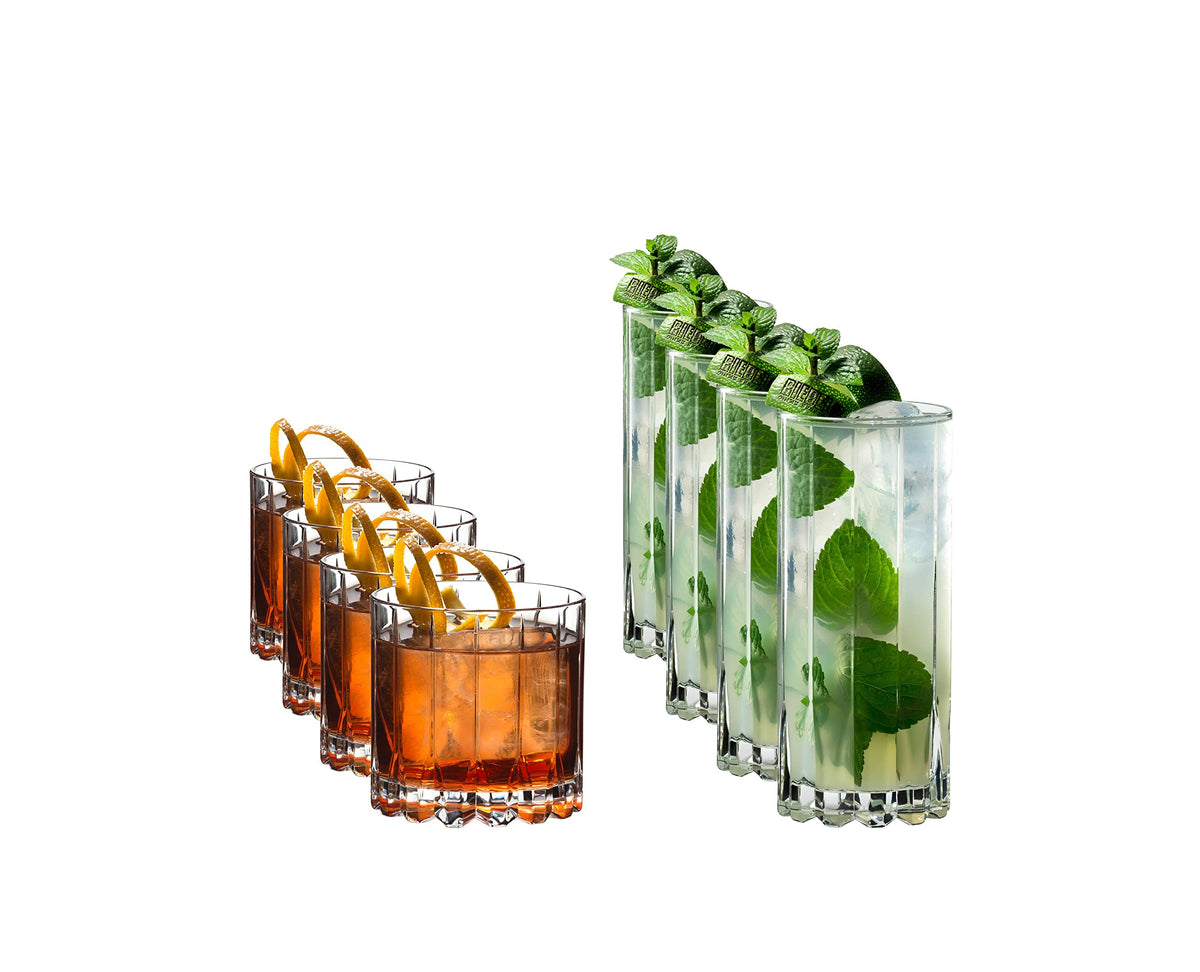 Riedel rocks glass with large-format ice, ideal for spirits on the rocks