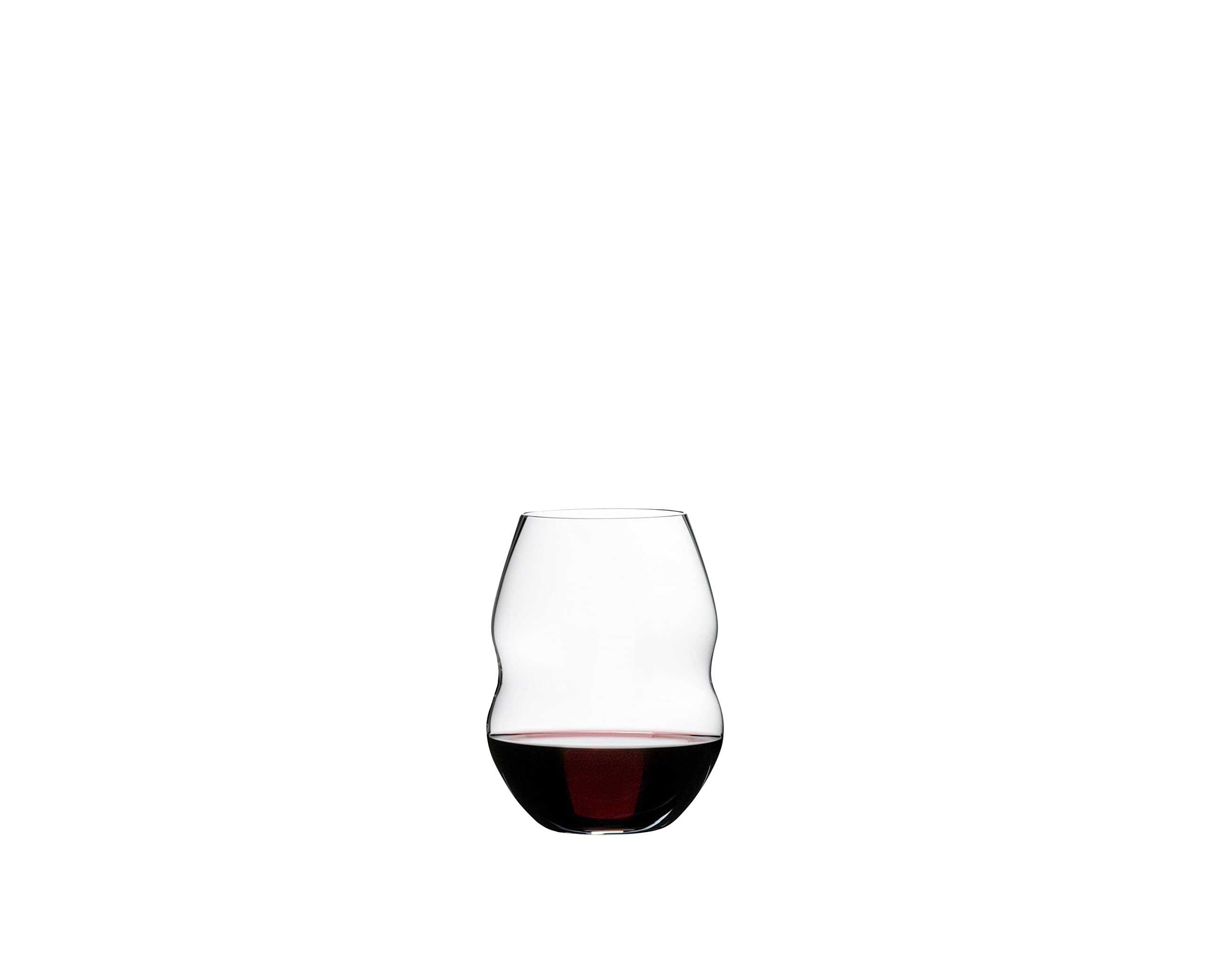 Riedel Swirl red wine glass close-up of rippled grooves guiding wine.