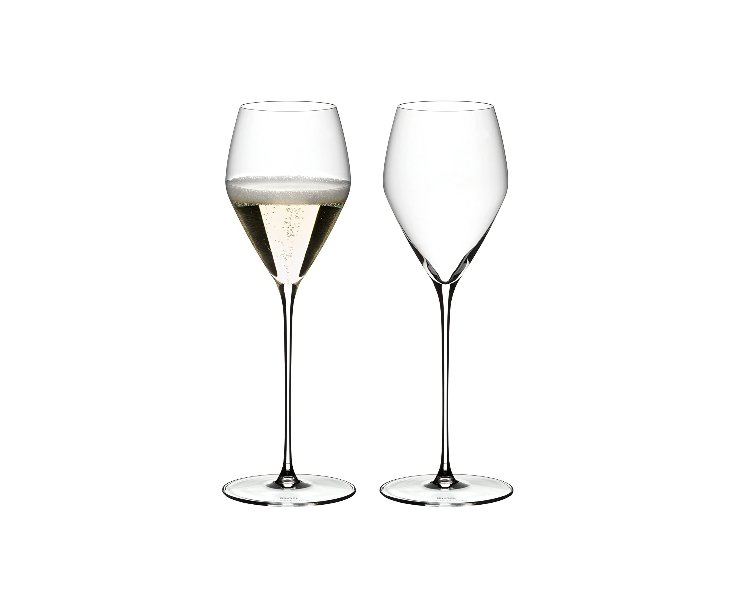 Riedel Veloce champagne glass side view highlighting slender bowl for aroma.