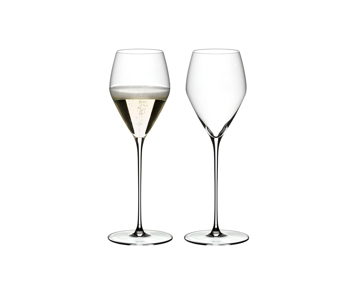 Riedel Veloce champagne glass side view highlighting slender bowl for aroma.