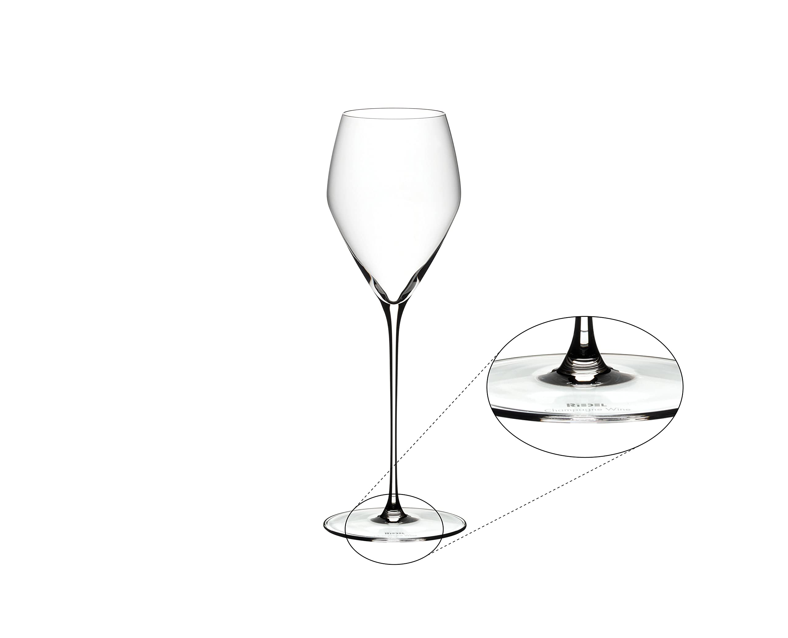 Riedel Veloce champagne glass top view emphasizing tall silhouette and refined feel.