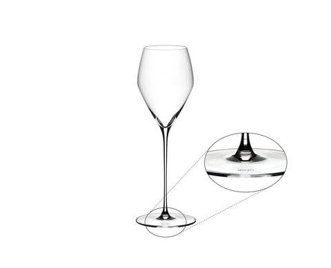 Riedel Veloce champagne glass top view emphasizing tall silhouette and refined feel.