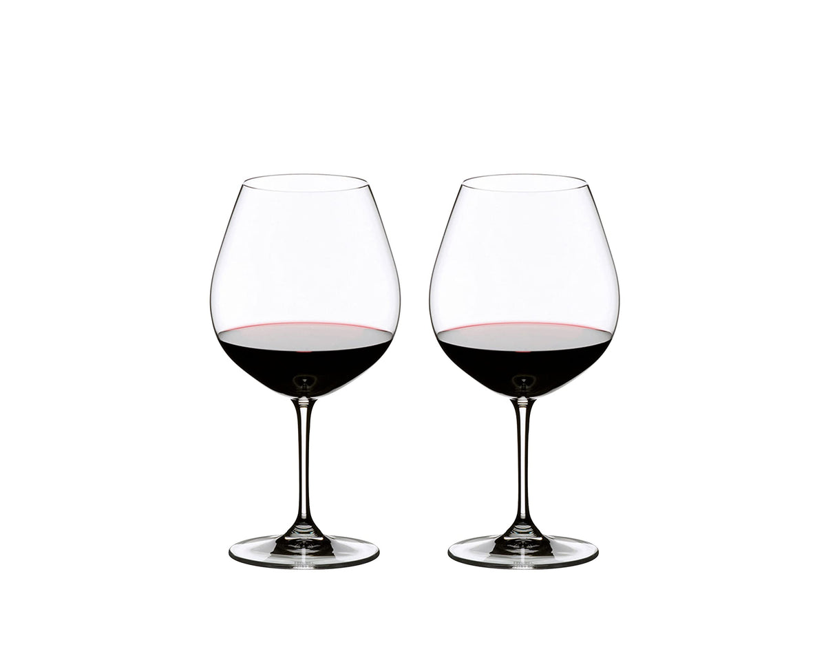 Riedel Vinum Pinot Noir Burgundy Red glasses set for elegant wine service.
