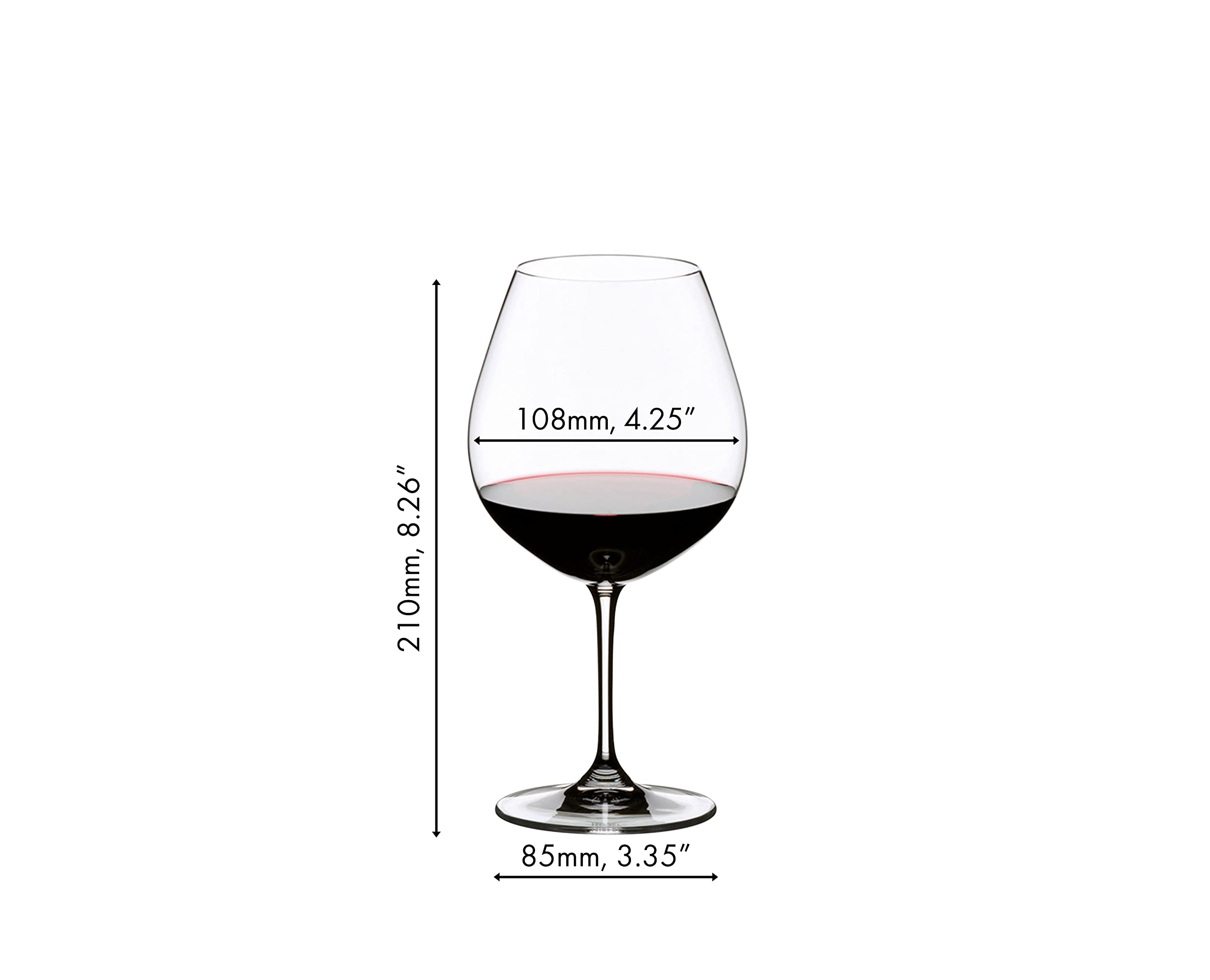 Riedel Vinum Pinot Noir glass capacity 24-3/4 oz supports generous pours.