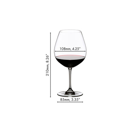 Riedel Vinum Pinot Noir glass capacity 24-3/4 oz supports generous pours.