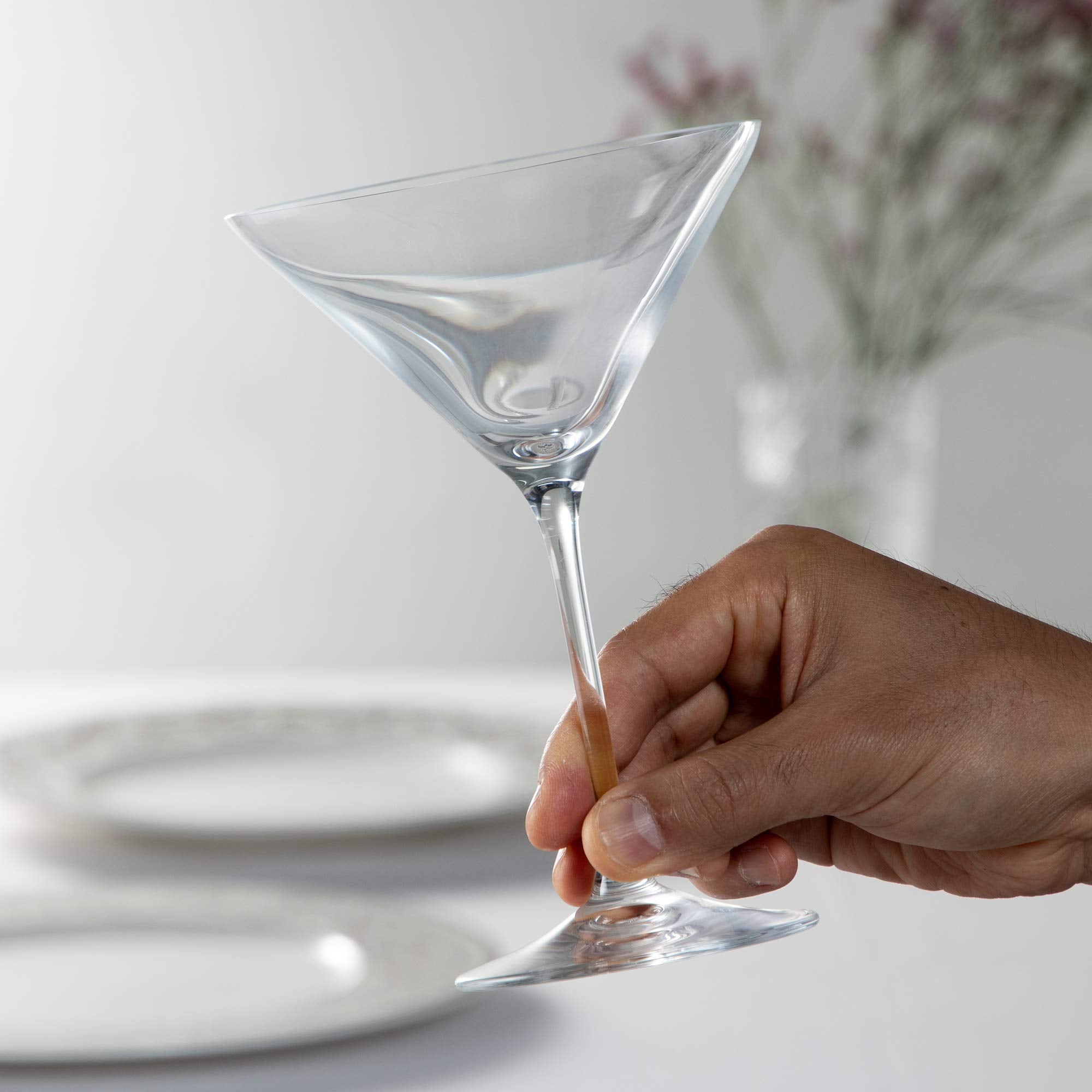 Riedel Vinum XL martini glasses close-up showing steep sides enhance sipping.