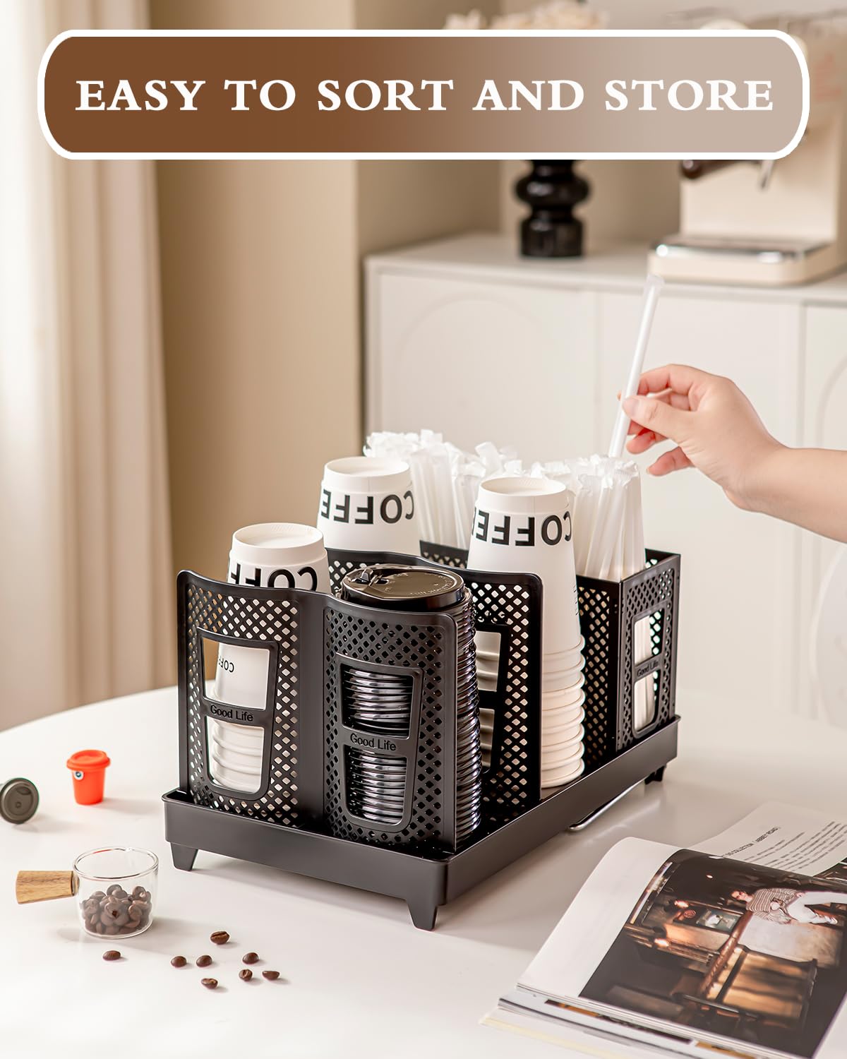 Riiriou cup holder lid storage close-up highlights six-compartment organization