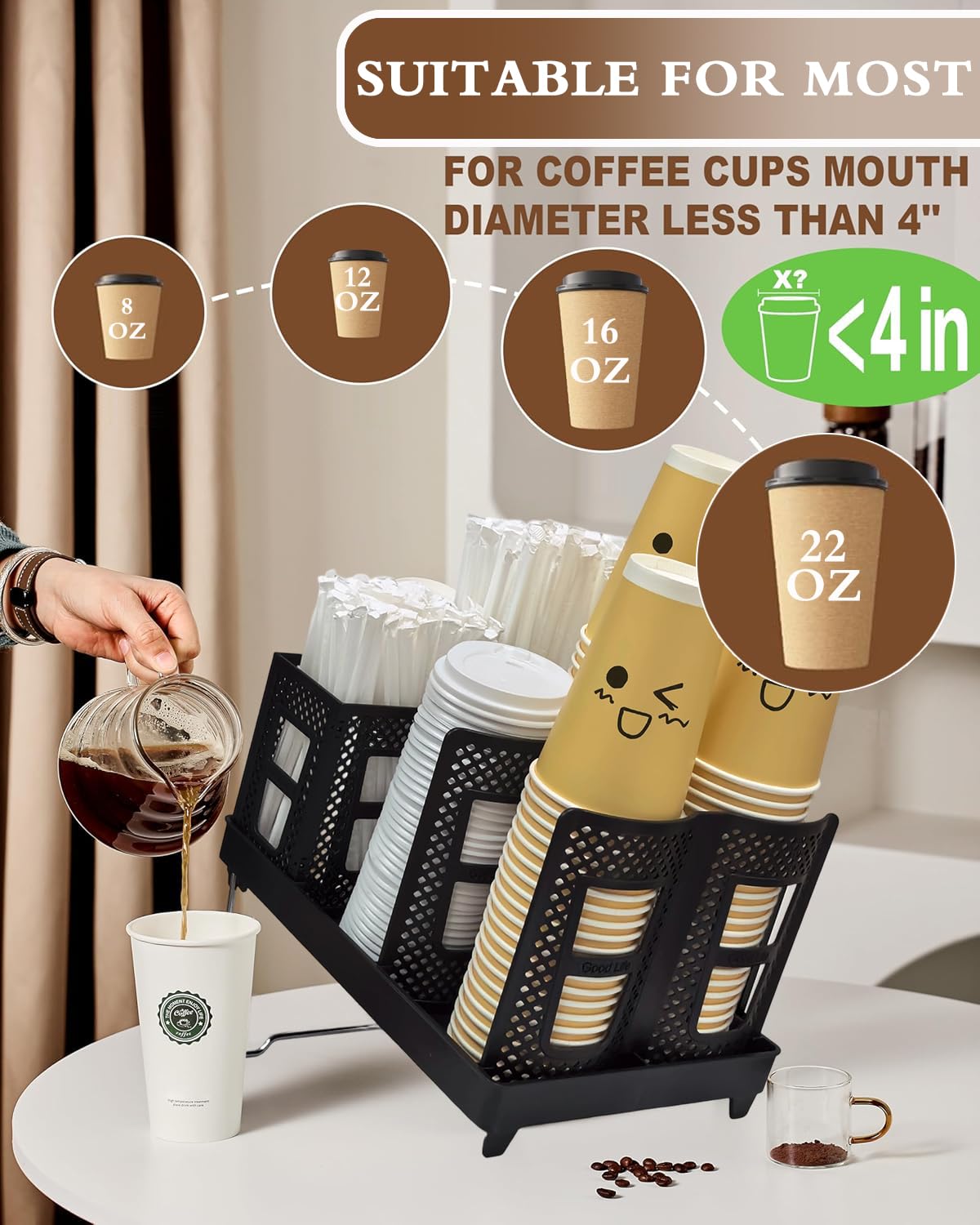 Riiriou cup holder straw compartment demonstrates easy cafe-style organization