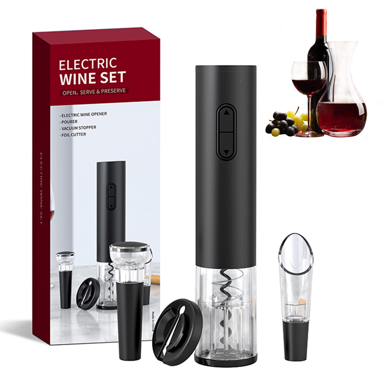 Rikuy electric wine opener kit opening a cork quickly for effortless serving.