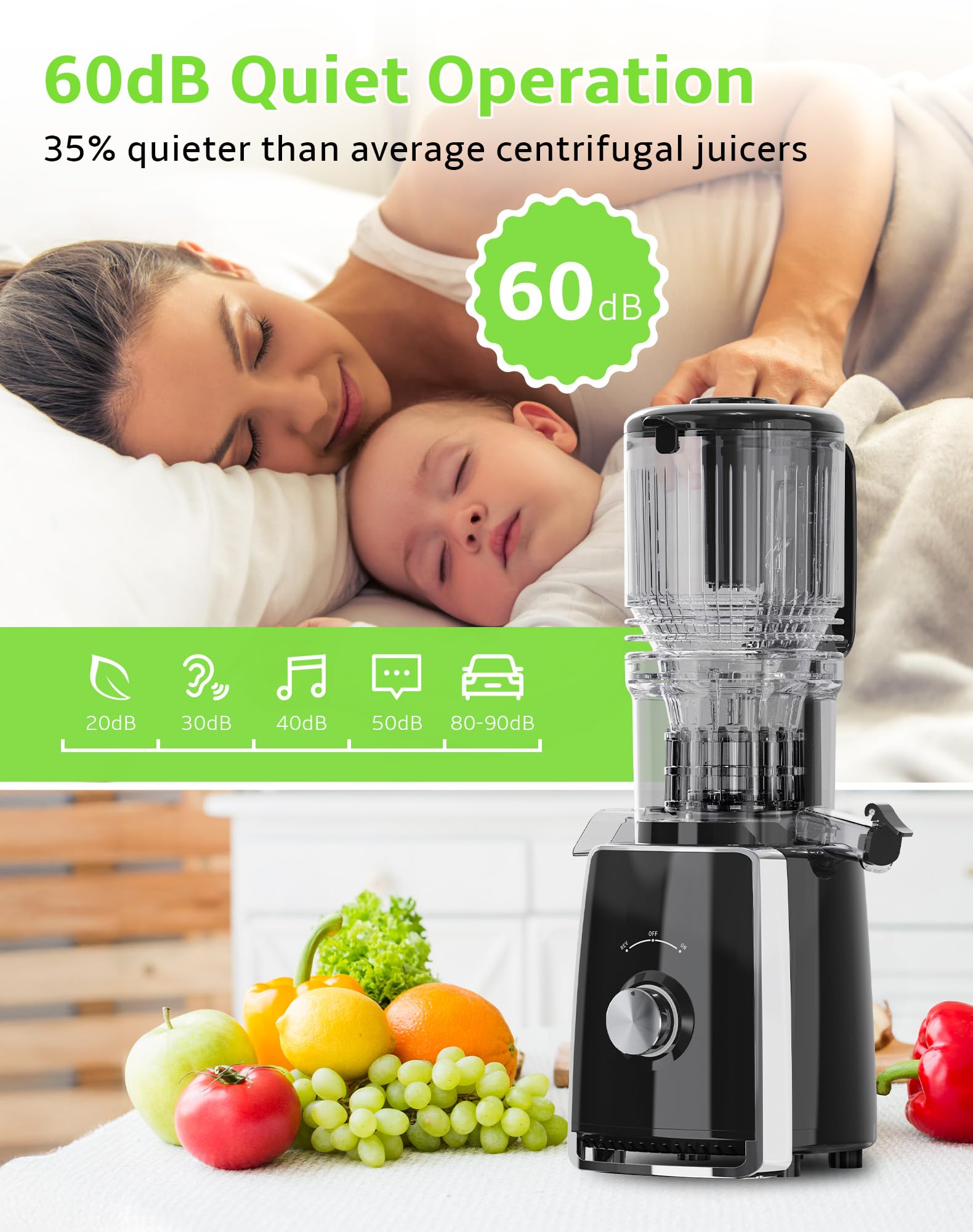 Rilara quiet motor ensures a calm kitchen experience during juicing.