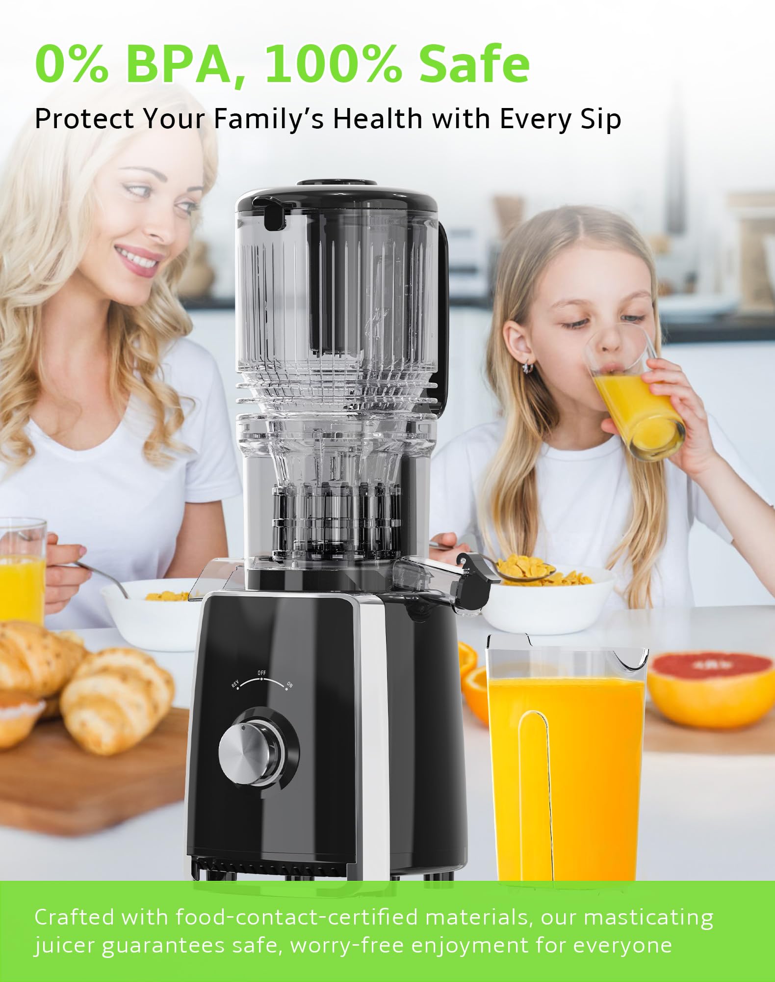 Rilara wide-feeding chute processes whole produce for faster juice preparation.