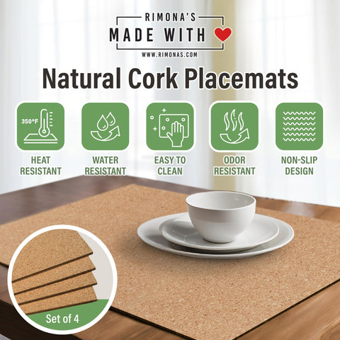 RIMONA'S cork placemats on table illustrate waterproof spill protection
