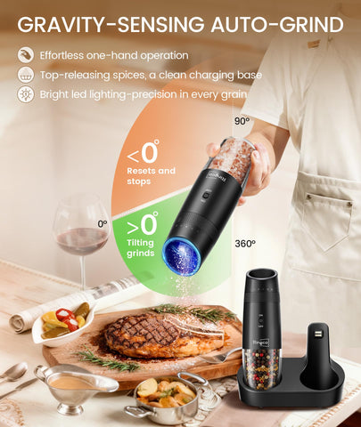 Ringco gravity grinders on a dual charging base for convenient recharging