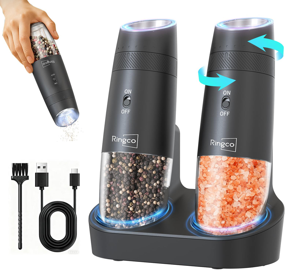 Ringco gravity grinder tilted for effortless one-handed grinding