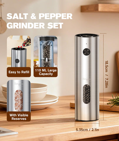 Ringo 110ml capacity grinders reduce refills during home cooking and entertaining.