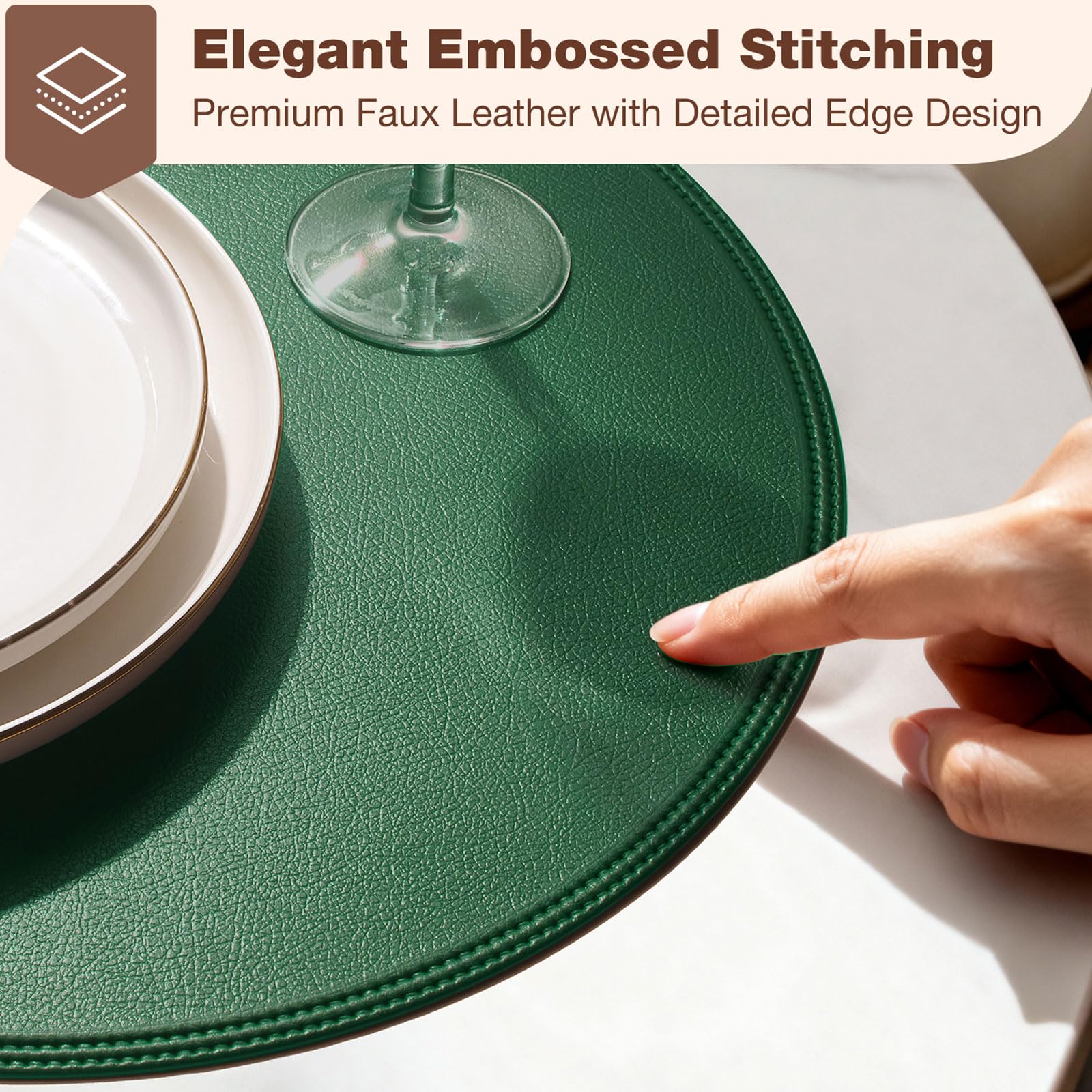 Rinpon faux leather placemats with textured edges add a premium look.