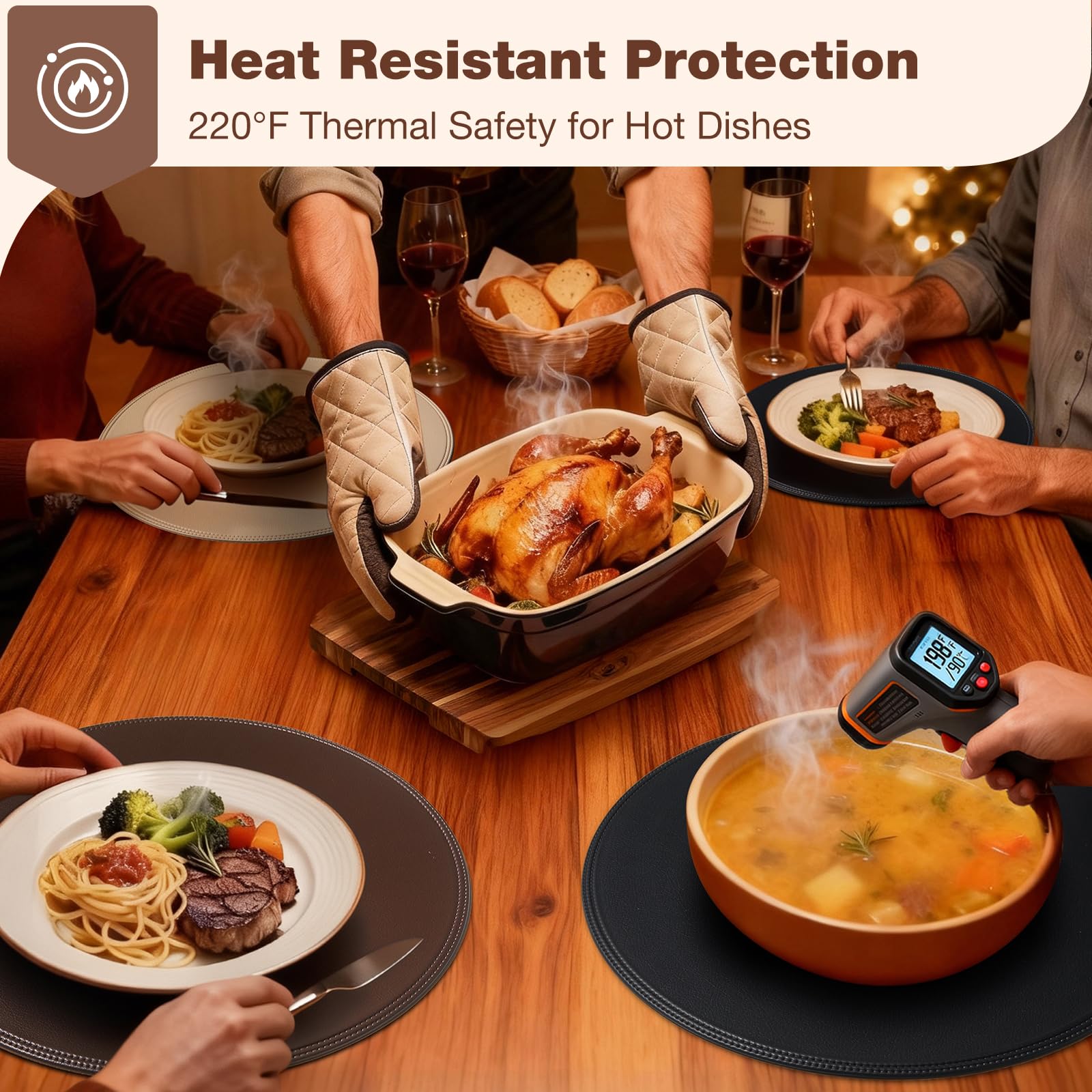 Rinpon washable placemats wipe clean quickly after splatters.