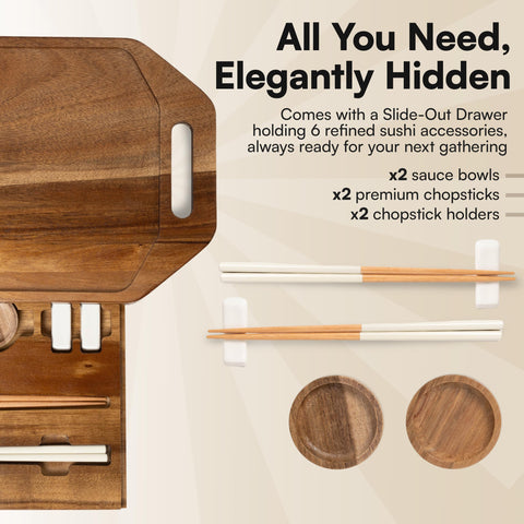 RIQMU sushi tray with ceramic chopstick holders for tidy serving