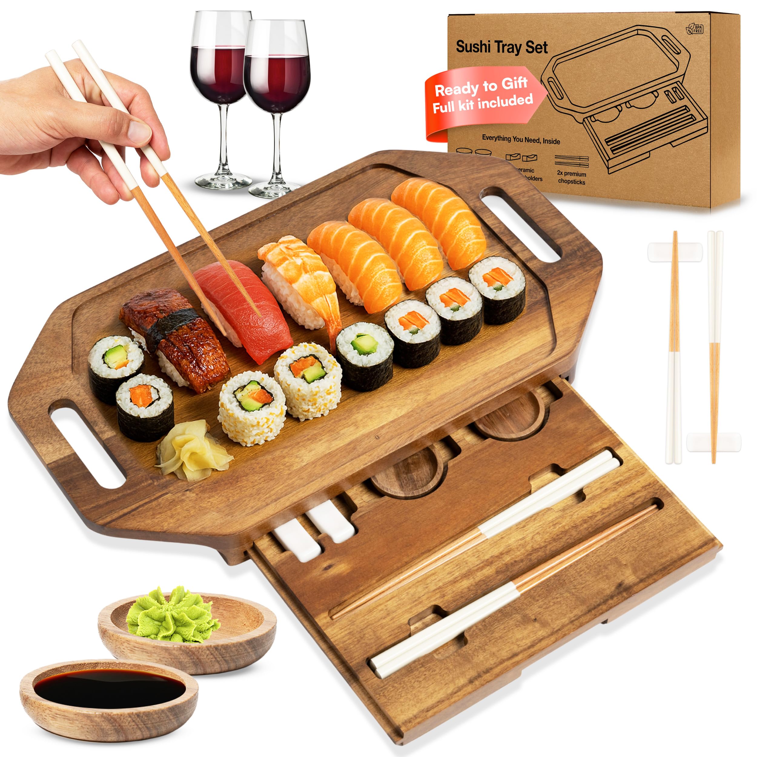 RIQMU sushi tray with hidden drawer keeps accessories organized for quick sushi prep