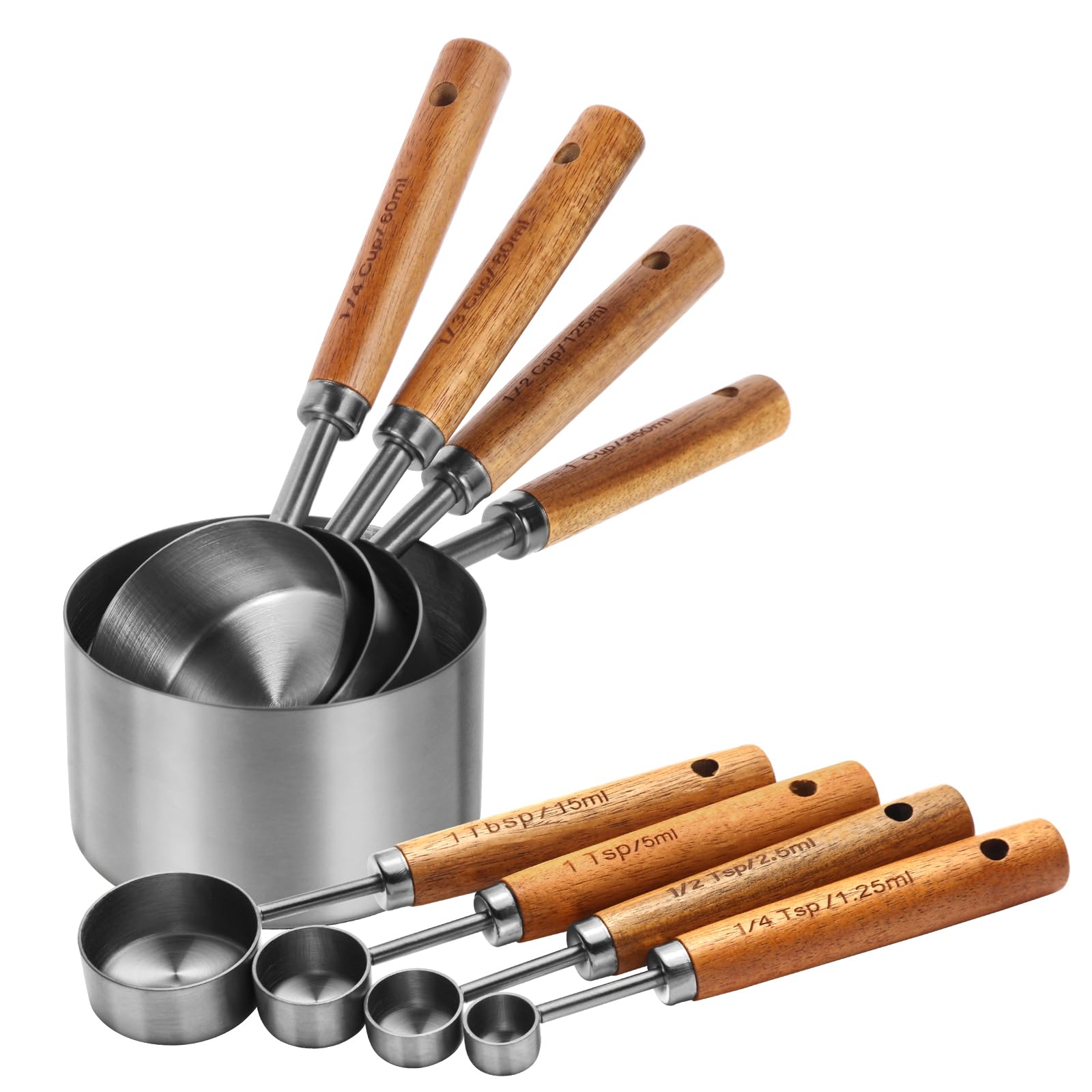 Riqwm Iro 8-piece measuring cups set in silver finish for accurate cooking measurements.