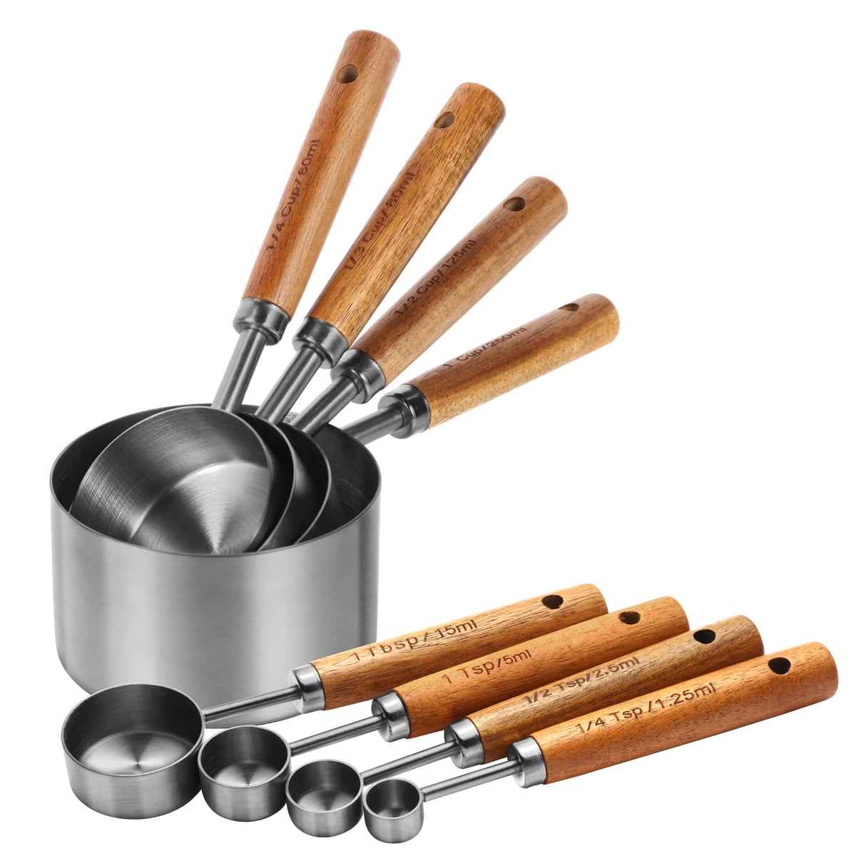 Riqwm Iro 8-piece measuring cups set in silver finish for accurate cooking measurements.