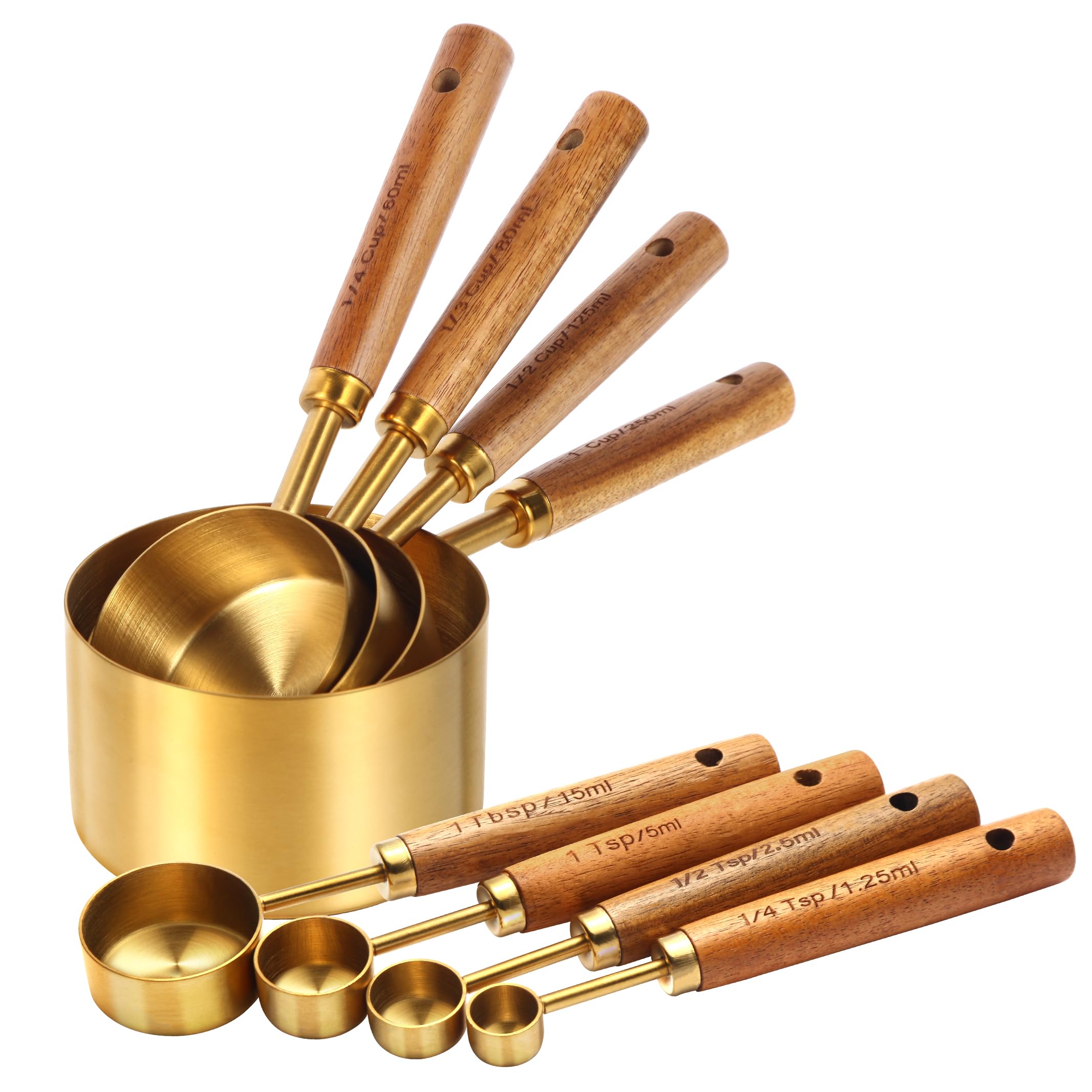 Riqwm Iro gold measuring cups stacked for compact storage and quick access