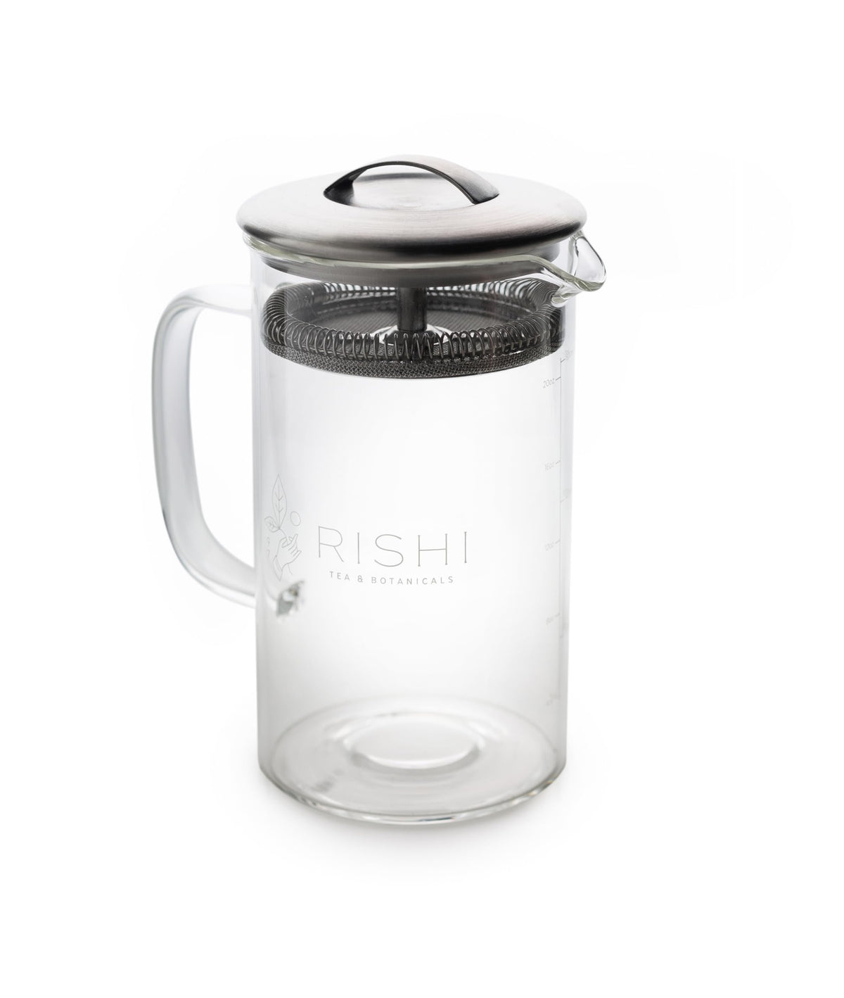 Rishi Simple Brew Teapot front view in clear glass for hot or iced tea