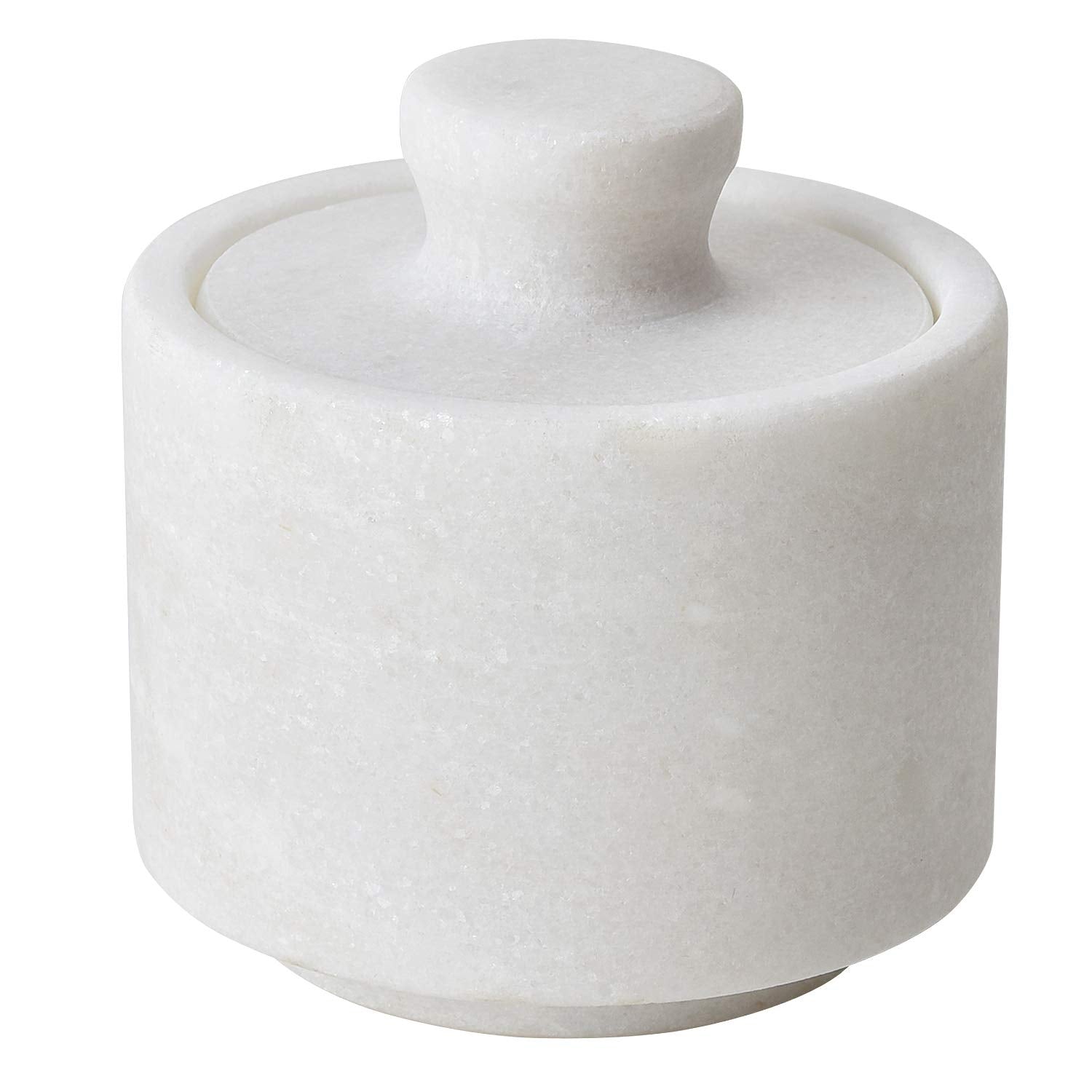Rissetree white marble salt cellar with lid closeup showing smooth finish