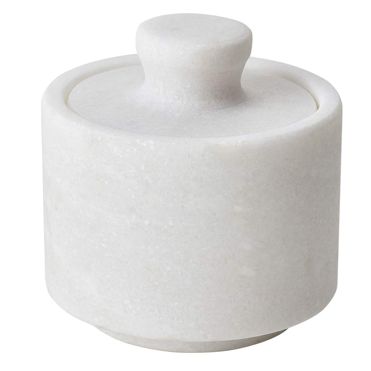 Rissetree white marble salt cellar with lid closeup showing smooth finish
