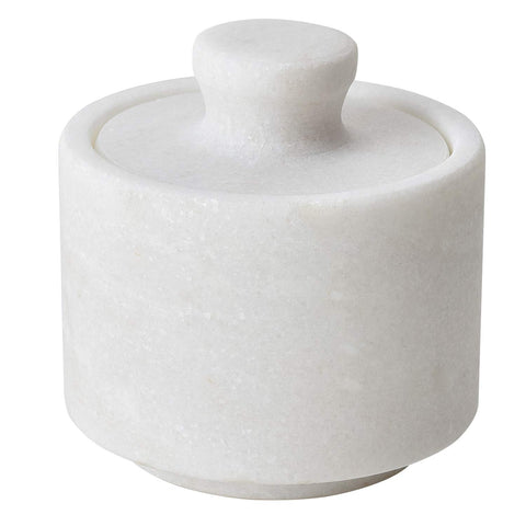 Rissetree white marble salt cellar with lid closeup showing smooth finish