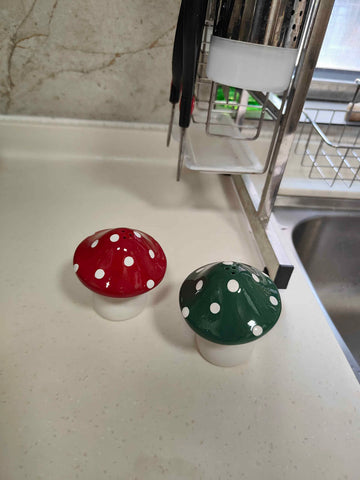 Ritadeshop mushroom shakers as a cute kitchen décor accent.