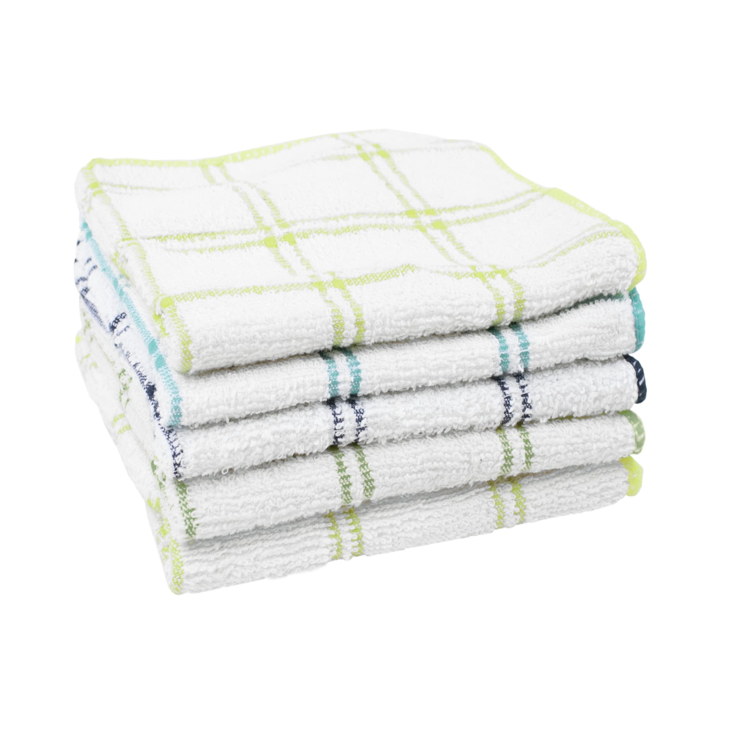 Ritz check cotton front dish towel in blue-green, gentle cleaning on delicate surfaces.