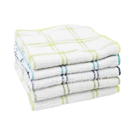 Ritz check cotton front dish towel in blue-green, gentle cleaning on delicate surfaces.