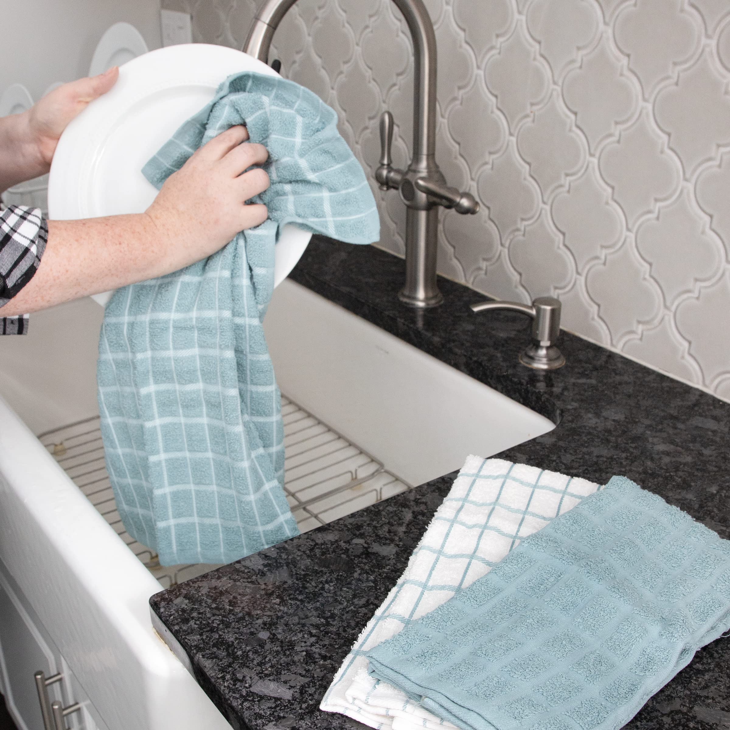 Ritz Premium towels drying dishes clear view of efficient counter drying.