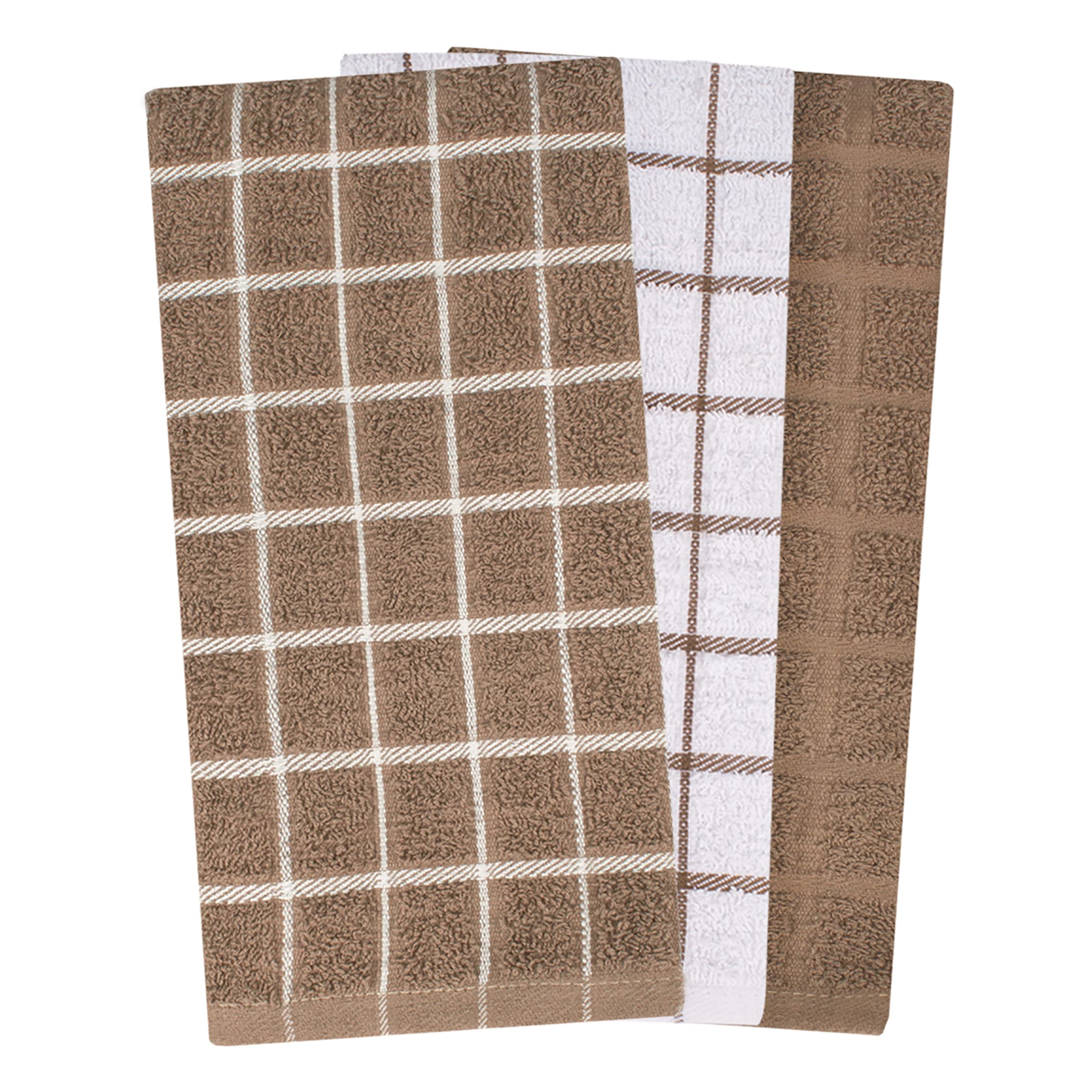 Ritz Terry Check towel mocha wiping countertop after spill