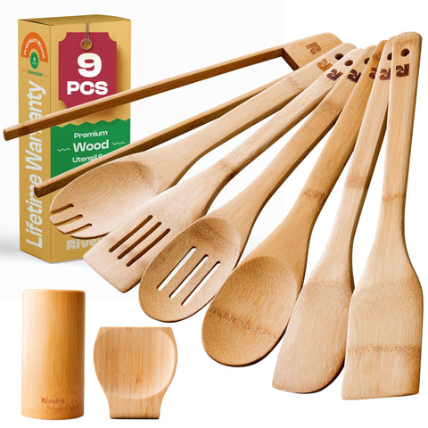 Riveira bamboo 9-piece spoon set with holder shown in kitchen, ideal for nonstick cookware.