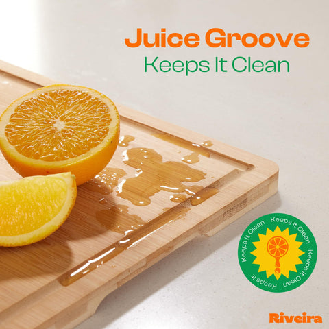 Riveira bamboo cutting board juice grooves catch liquids with mess-free prep.