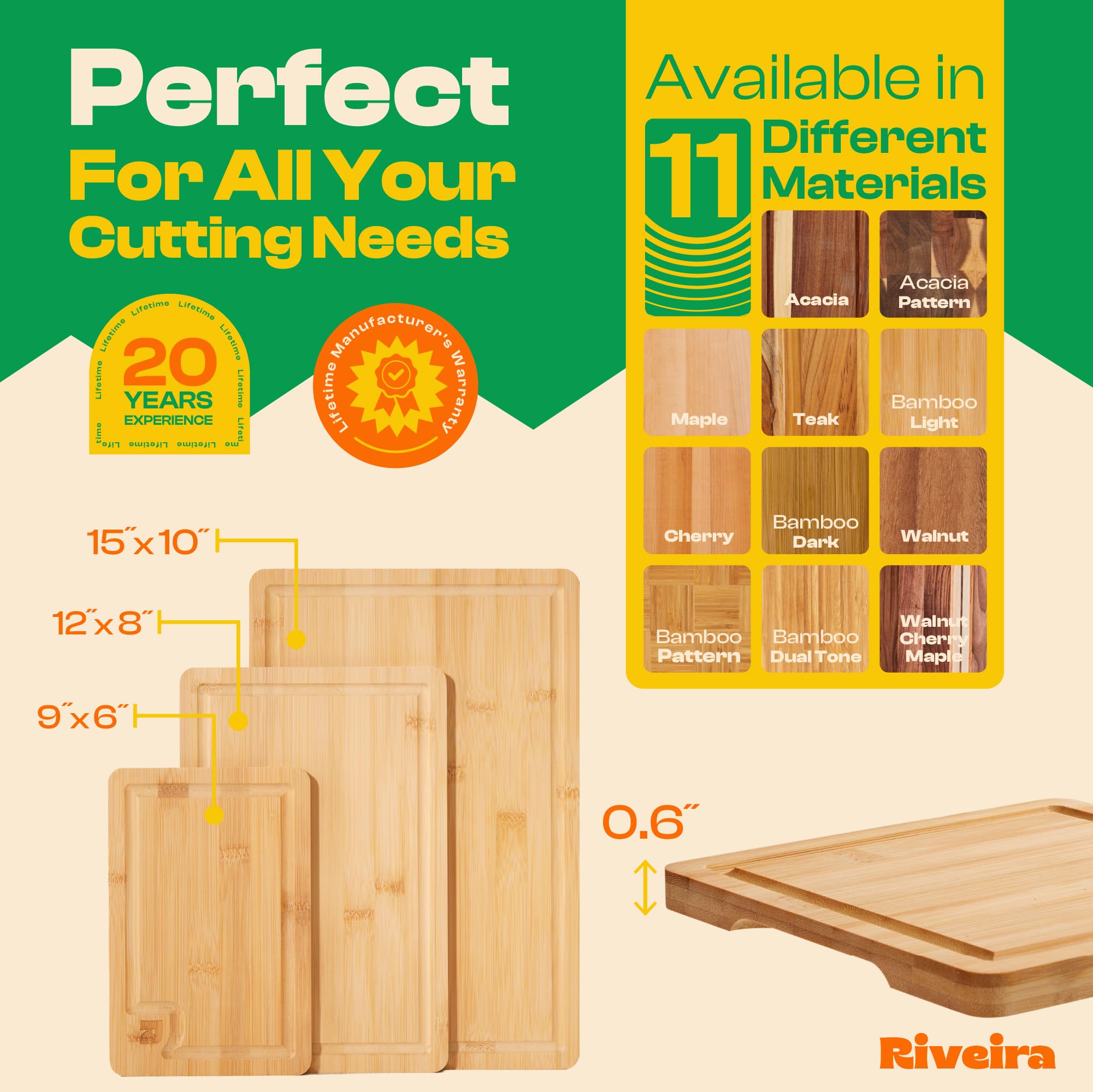 Riveira bamboo cutting board knife-friendly surface protects blades during slicing.