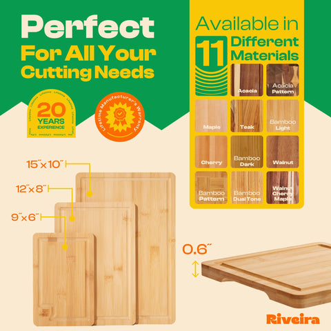 Riveira bamboo cutting board knife-friendly surface protects blades during slicing.