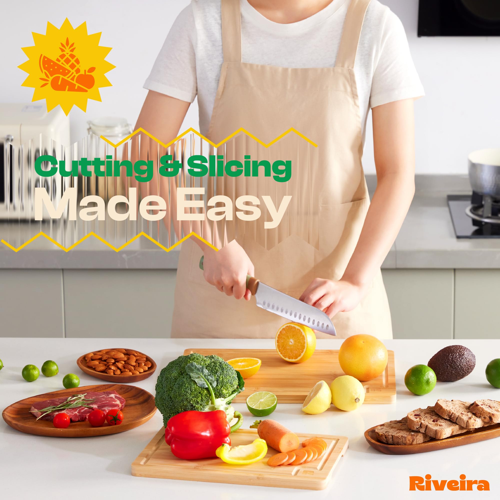 Riveira bamboo cutting board medium 12x8 ideal for preparing multiple vegetables.