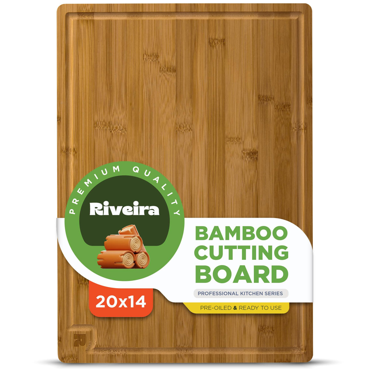 Riveira brown bamboo cutting board top view showing generous 20x14 prep surface.
